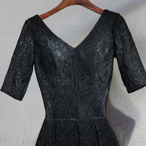 Chic / Belle Noire Robe De Soirée 2017 Princesse Dentelle V-Cou Dos Nu 1/2 Manches Longueur Cheville Robe De Ceremonie