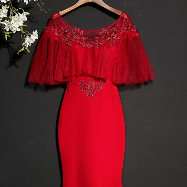 Chic / Beautiful Burgundy Evening Dresses  2017 Trumpet / Mermaid Lace Beading Scoop Neck Backless Sweep Train Formal Dresses