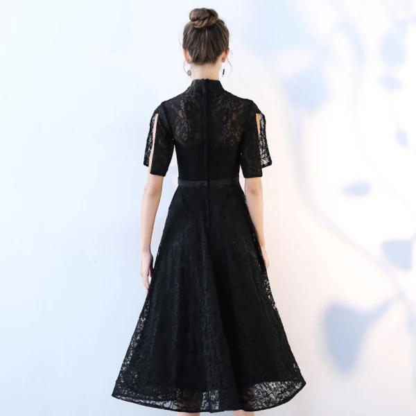 Chic / Beautiful Black Homecoming Graduation Dresses A-Line / Princess 2017 Lace Bow High Neck Short Sleeve Tea-length Formal Dresses