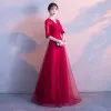 Chic / Beautiful Burgundy Evening Dresses  2017 A-Line / Princess Lace V-Neck Backless 1/2 Sleeves Floor-Length / Long Formal Dresses
