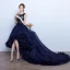 Chic / Beautiful Navy Blue Evening Dresses  2017 Ball Gown Bow Appliques Artificial Flowers Pearl Scoop Neck Sleeveless Asymmetrical Formal Dresses