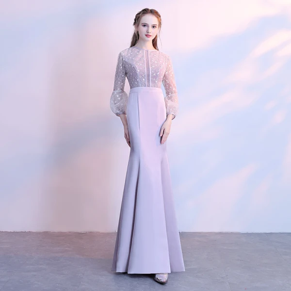 Chic / Belle Argenté Robe De Soirée 2017 Trompette / Sirène En Dentelle Encolure Dégagée 3/4 Manches Longue Robe De Ceremonie