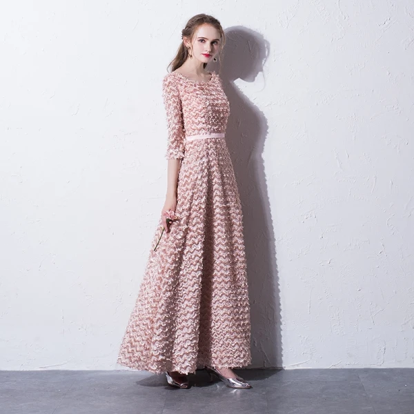 Chic / Belle Rougissant Rose Robe De Soirée 2017 Princesse Encolure Dégagée 3/4 Manches Longueur Cheville Robe De Ceremonie