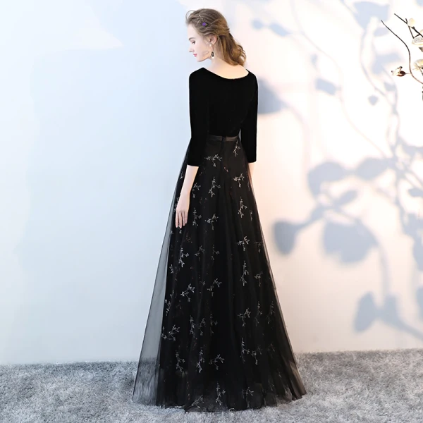 Chic / Belle Noir Robe De Bal 2017 Princesse V-Cou 3/4 Manches Longue Robe De Ceremonie