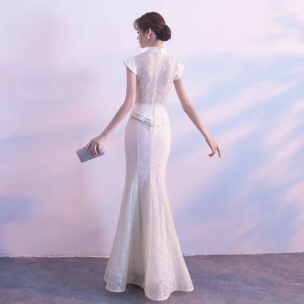 Elegant Champagne Evening Dresses 2017 Trumpet / Mermaid Lace Embroidered Pearl High Neck Cap Sleeves Floor-Length / Long Formal Dresses