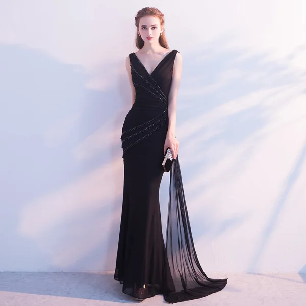 Chic / Belle Noir Robe De Soirée 2017 Trompette / Sirène Perle Cristal Perlage V-Cou Dos Nu Sans Manches Longueur Cheville Robe De Ceremonie
