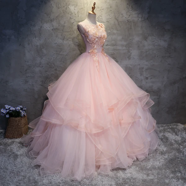 Elegante Parel Roze Galajurken 2017 Baljurk Kant Appliques Rhinestone Ronde Hals Ruglooze Mouwloos Lange Gelegenheid Jurken