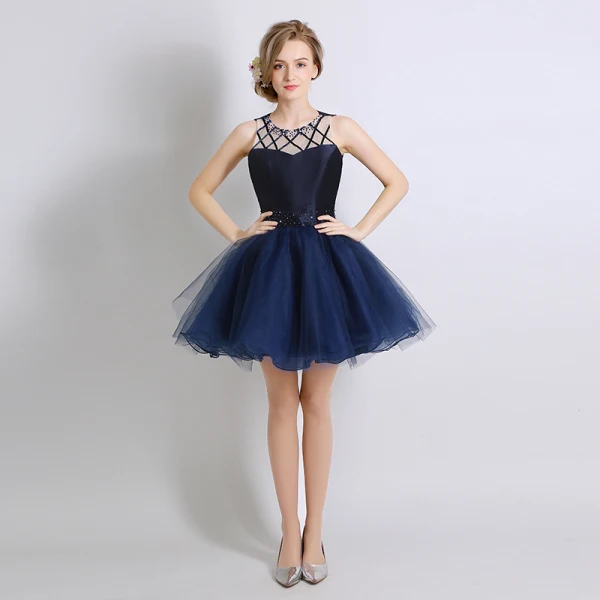 Schöne Marineblau Cocktailkleider 2017 Ballkleid Kristall Perlenstickerei Rundhalsausschnitt Rückenfreies Kurze Festliche Kleider