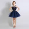 Chic / Beautiful Navy Blue Cocktail Dresses 2017 Ball Gown Crystal Beading Scoop Neck Backless Short Formal Dresses