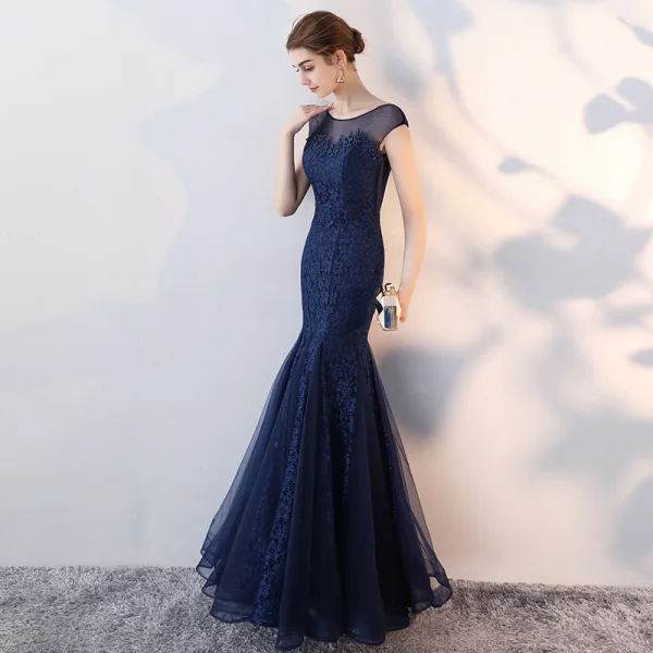 Chic / Beautiful Navy Blue Evening Dresses 2017 Trumpet / Mermaid Lace Flower Scoop Neck Sleeveless Ankle Length Formal Dresses