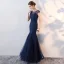 Chic / Beautiful Navy Blue Evening Dresses  2017 Trumpet / Mermaid Lace Flower Scoop Neck Sleeveless Ankle Length Formal Dresses