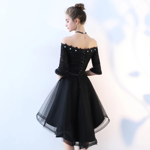 Schöne Schwarz Cocktailkleider 2017 A Linie Spitze Schleife Pailletten Off Shoulder Rückenfreies 1/2 Ärmel Asymmetrisch Festliche Kleider