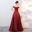 Chic / Beautiful Burgundy Evening Dresses  2017 A-Line / Princess Bow Off-The-Shoulder Backless Short Sleeve Floor-Length / Long Formal Dresses