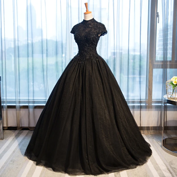 Chic / Beautiful Evening Dresses 2017 Ball Gown Lace Flower Crystal Beading High Neck Backless Short Sleeve Floor-Length / Long Formal Dresses