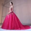 Chic / Beautiful Fuchsia Prom Dresses 2017 Ball Gown Lace Flower Pearl Scoop Neck Backless Long Sleeve Court Train Formal Dresses
