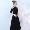 Chic / Beautiful Black Homecoming Evening Dresses  2017 A-Line / Princess Scoop Neck Strapless Short Sleeve Knee-Length Formal Dresses