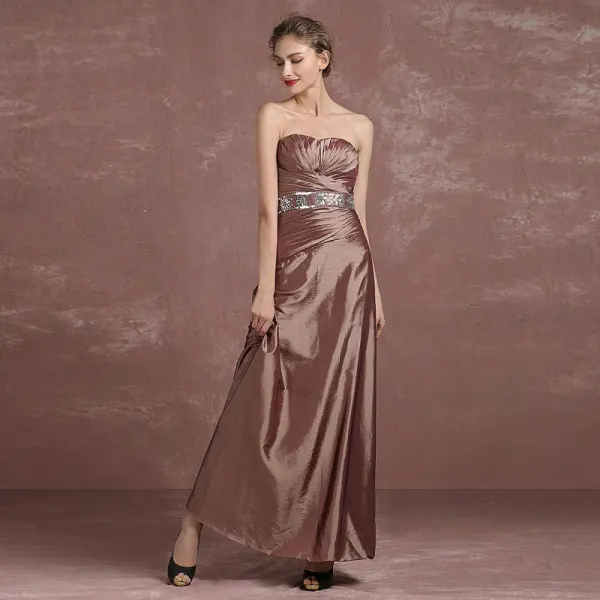 Chic / Beautiful Brown Mother Of The Bride Dresses 2018 A-Line / Princess Crystal Sequins Strapless 1/2 Sleeves Ankle Length Wedding Party Dresses