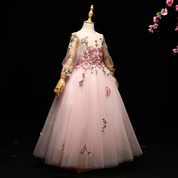 Chic / Beautiful Blushing Pink Flower Girl Dresses 2017 A-Line / Princess Lace Appliques Pearl Scoop Neck 3/4 Sleeve Floor-Length / Long Wedding Party Dresses