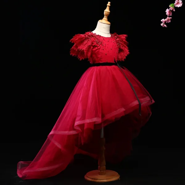 Chic / Beautiful Burgundy Flower Girl Dresses 2017 Ball Gown Crystal Appliques Bow Scoop Neck Backless Short Sleeve Asymmetrical Wedding Party Dresses