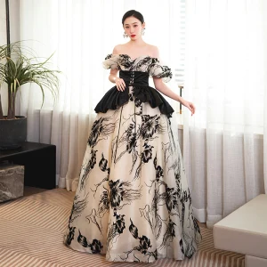 Fashion Champagne Prom Dresses 2023 A Line Princess Off The Shoulder Short Sleeve Backless Floor Length Long Prom Formal Dresses