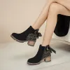 Mode Zwarte Straatkleding Strik Dames Laarzen 2021 Enkellaarsjes / Enkellaarzen 6 cm Dikke Hak Ronde Neus Laarzen Hoge Hakken