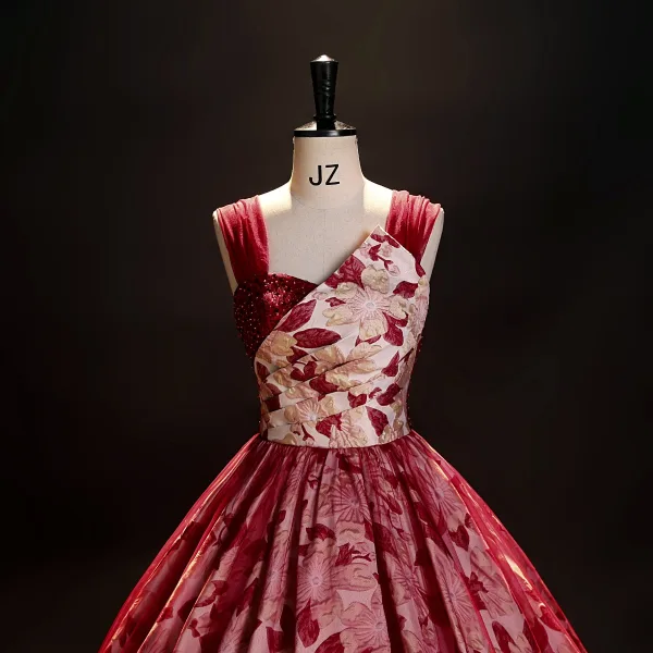 Chic / Beautiful Red Beading Pearl Sequins Printing Prom Dresses 2023 Ball Gown Off-The-Shoulder Sleeveless Backless Floor-Length / Long Prom Formal Dresses