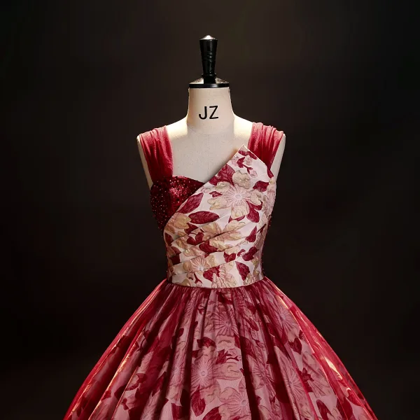 Vintage / Retro Red Beading Printing Prom Dresses 2023 Ball Gown Off-The-Shoulder Short Sleeve Backless Floor-Length / Long Formal Dresses