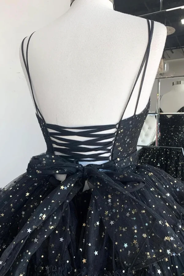 Mode Schwarz Star Pailletten Asymmetrisch Fallende Rüsche Ballkleider 2024 Ballkleid Spaghettiträger Ärmellos Rückenfreies Schleife Ball Festliche Kleider