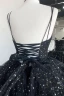 Mode Schwarz Star Pailletten Asymmetrisch Fallende Rüsche Ballkleider 2024 Ballkleid Spaghettiträger Ärmellos Rückenfreies Schleife Ball Festliche Kleider