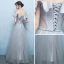 Elegant Grey Prom Dresses 2018 A-Line / Princess Off-The-Shoulder Short Sleeve Beading Sash Floor-Length / Long Ruffle Backless Formal Dresses