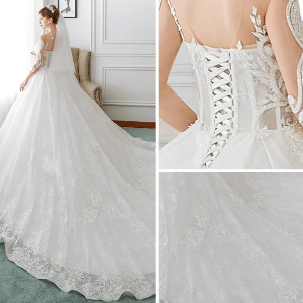 Charmant Ivoire Transparentes Robe De Mariée 2018 Princesse Encolure Dégagée 3/4 Manches Dos Nu Perlage Appliques En Dentelle Volants Royal Train