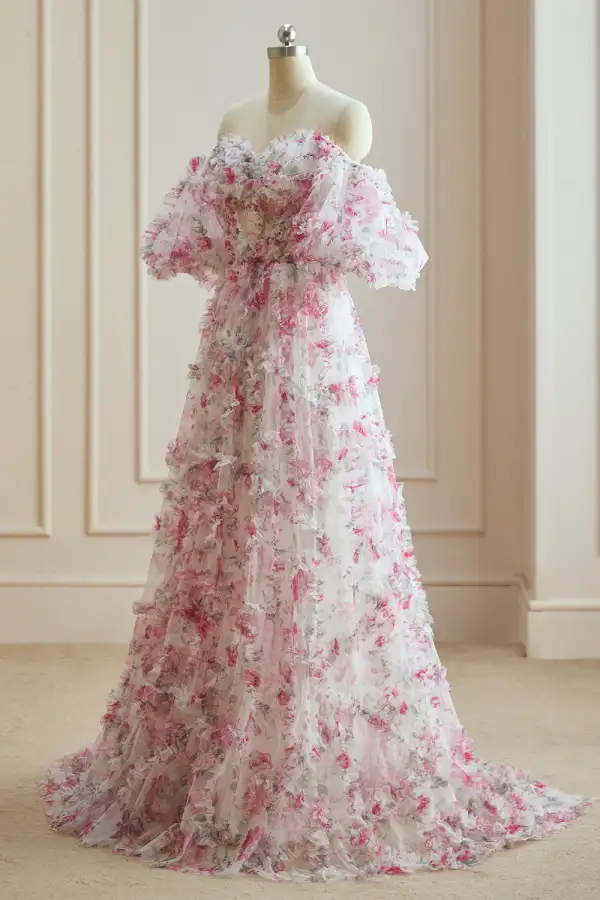 Blomsterfe Hvit Fuchsia Multi-Farger Blomster Ballkjoler 2024 Gripende Ruffles Lange Korte Ermer Forlovelses Kjæreste Formelle Kjoler