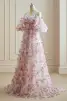 Flower Fairy White Fuchsia Multi-Colors Floral Prom Dresses 2024 Cascading Ruffles Floor-Length / Long Short Sleeve Engagement Sweetheart Formal Dresses