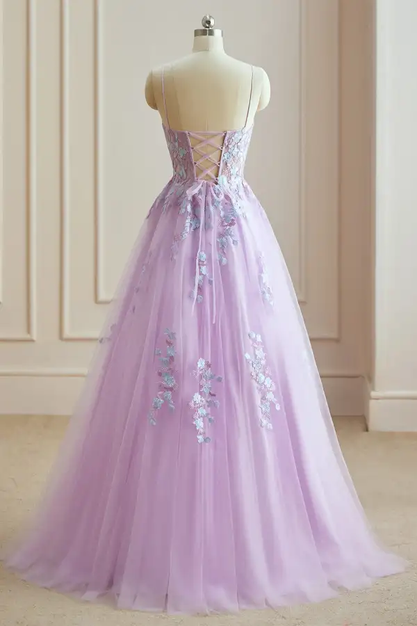 Blomma Fe Lavendel Spaghettiband 2024 Balklänningar Spets Blomma Korsade remmar Ärmlös Prinsessa Formella Klänningar