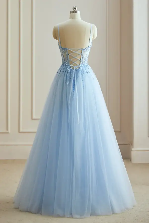 Sexy Himmelblau Gespaltete Front Ballkleider 2024 A Linie Spaghettiträger Pailletten Ärmellos Lange Festliche Kleider