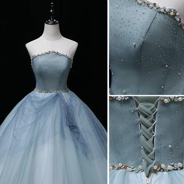 Chic / Beautiful Sky Blue Pearl Sequins Prom Dresses 2022 Ball Gown Strapless Sleeveless Backless Floor-Length / Long Formal Dresses