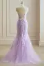 Stunning Lavender Lace Flower Evening Dresses 2024 Spaghetti Straps Trumpet / Mermaid Crossed Straps Floor-Length / Long Engagement Formal Dresses