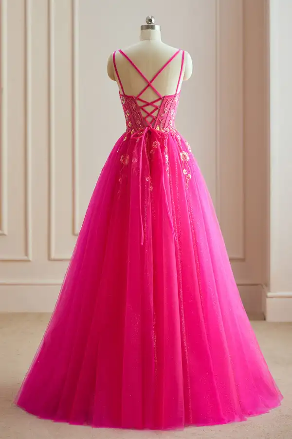 Accrocheuse Glitter Paillettes Fushia Robe De Bal 2024 Princesse Bretelles Spaghetti Dos Nu Sans Manches Longue Robe De Soirée