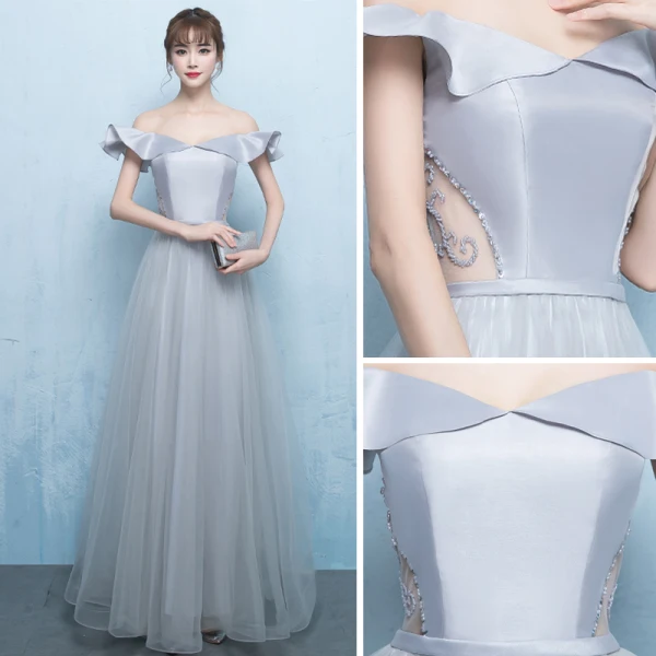 Elegant Grey Prom Dresses 2018 A-Line / Princess Off-The-Shoulder Short Sleeve Beading Sash Floor-Length / Long Ruffle Backless Formal Dresses