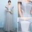 Elegant Grey Prom Dresses 2018 A-Line / Princess Off-The-Shoulder Short Sleeve Beading Sash Floor-Length / Long Ruffle Backless Formal Dresses