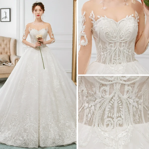 Charmant Ivoire Transparentes Robe De Mariée 2018 Princesse Encolure Dégagée 3/4 Manches Dos Nu Perlage Appliques En Dentelle Volants Royal Train