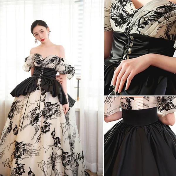 Fashion Champagne Prom Dresses 2023 A-Line / Princess Off-The-Shoulder Short Sleeve Backless Floor-Length / Long Prom Formal Dresses