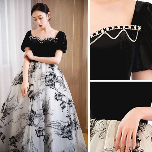 Élégant Noire Robe De Bal 2023 Princesse Faux Diamant Encolure Carrée Manches Courtes Dos Nu Longue Promo Robe De Ceremonie