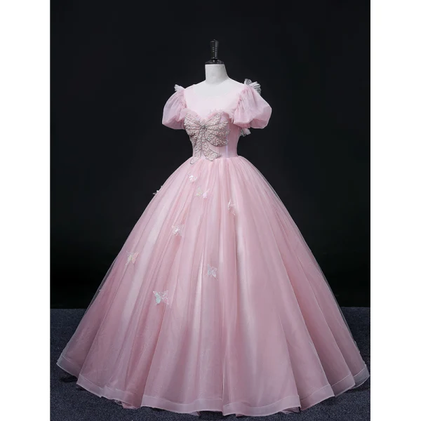 Elegant Blushing Pink Prom Dresses 2022 Ball Gown Scoop Neck Beading Pearl Rhinestone Sequins Butterfly Lace Flower Short Sleeve Backless Floor-Length / Long Formal Dresses