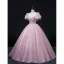 Elegant Blushing Pink Prom Dresses 2022 Ball Gown Scoop Neck Beading Pearl Rhinestone Sequins Butterfly Lace Flower Short Sleeve Backless Floor-Length / Long Formal Dresses