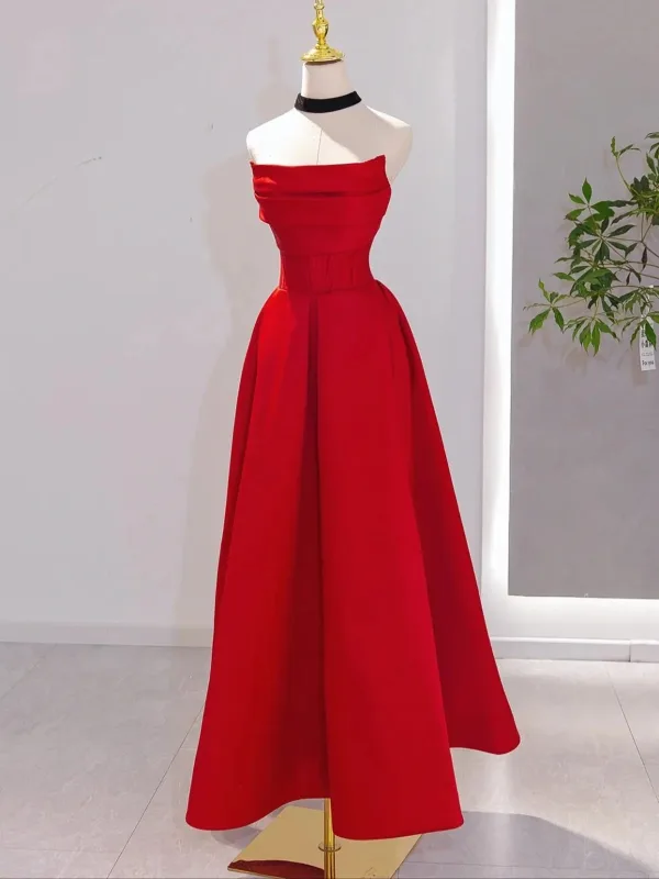 Charming Red Evening Dresses 2025 A-Line / Princess Strapless Sleeveless Backless Floor-Length / Long Evening Party Formal Dresses