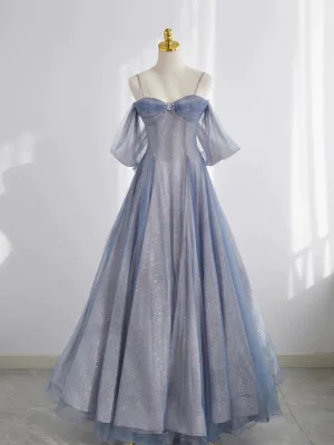 Sexy Bling Bling Bleu Ciel Perlage Perle Paillettes Robe De Bal 2024 Princesse Bretelles Spaghetti Sans Manches Dos Nu Longue Robe De Ceremonie