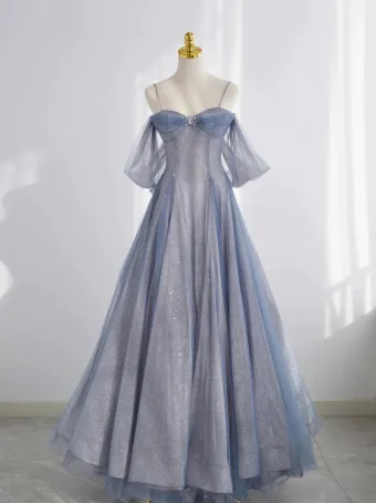 Sexy Bling Bling Sky Blue Beading Pearl Sequins Prom Dresses 2024 A Line Princess Spaghetti Straps Sleeveless Backless Floor Length Long Formal Dresses