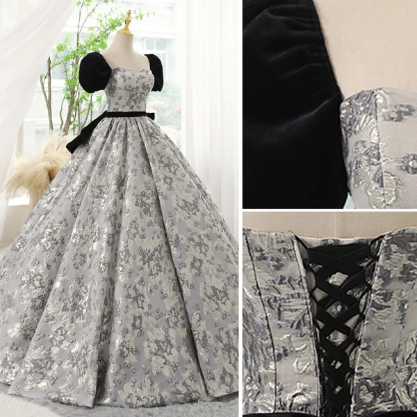 Schöne Schwarz Drucken Ballkleider 2023 Ballkleid Eckiger Ausschnitt Kurze Ärmel Rückenfreies Schleife Lange Ballkleider
