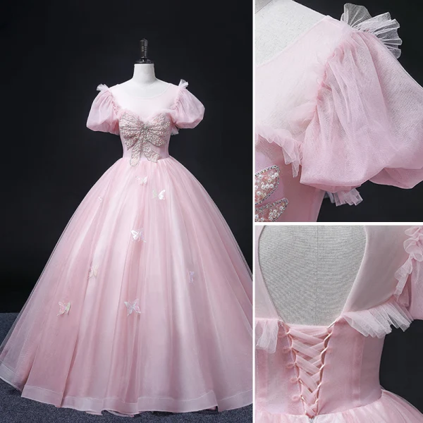 Elegant Blushing Pink Prom Dresses 2022 Ball Gown Scoop Neck Beading Pearl Rhinestone Sequins Butterfly Lace Flower Short Sleeve Backless Floor-Length / Long Formal Dresses